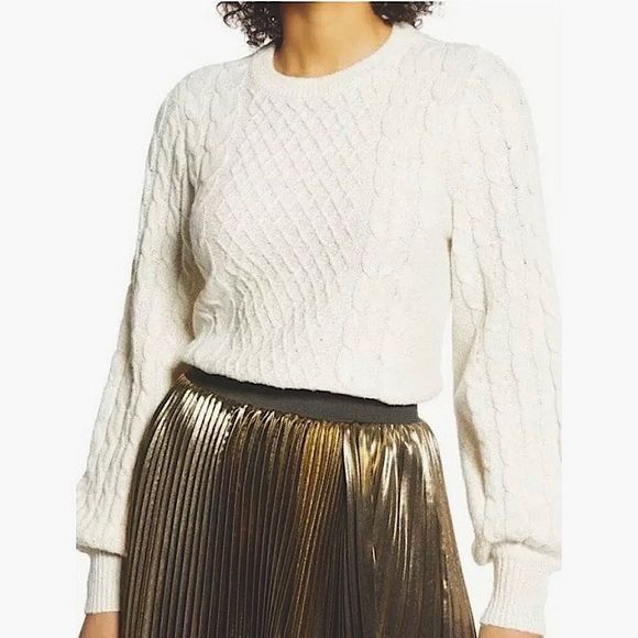 Halogen Sweaters - HALOGEN X Atlantic-Pacific Ivory Cable Knit Sweater with Metallic Gold Threads